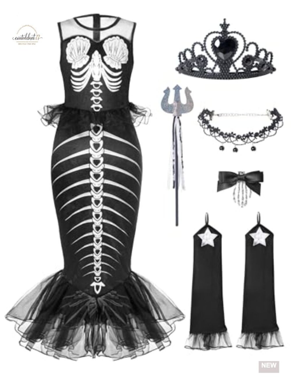 Girls Skeleton Mermaid Costume Set Dress Crown Wand Halloween Dress Up